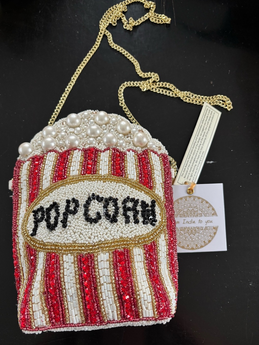 Beaded Popcorn Novelty Crossbody Bag – Red, White & Gold
